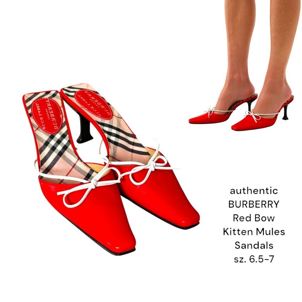 Authentic‎ BURBERRY Mules Slides Red Leather Pointed Toe Bow Kitten Heels 6.5-7